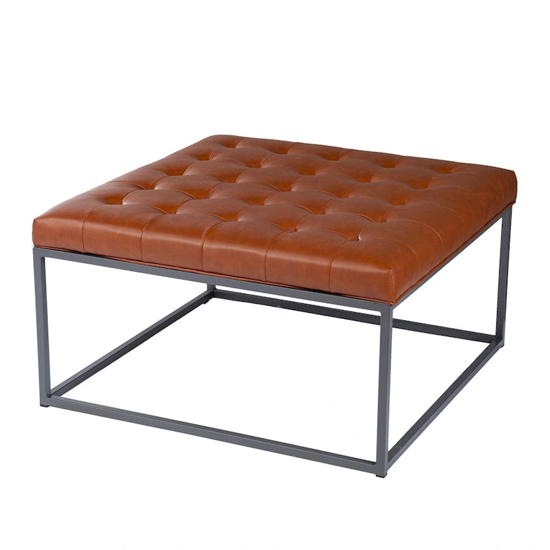 Faux Leather Tufted Ottoman with Steel Sled Base, 34 x 34 Inches