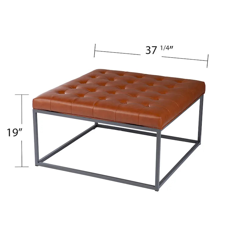 Faux Leather Tufted Ottoman with Steel Sled Base, 34 x 34 Inches