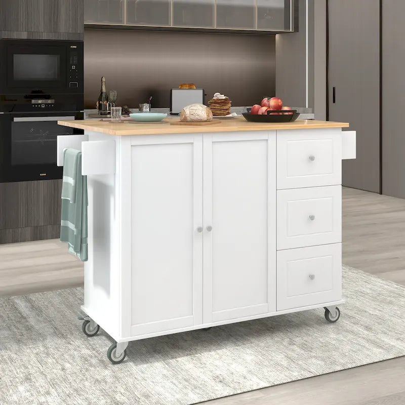 Rolling Kitchen Island with Solid Wood Top, Storage Cabinet and Locking Wheels