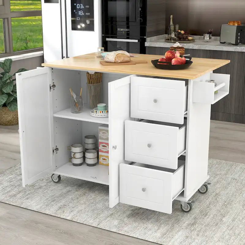Rolling Kitchen Island with Solid Wood Top, Storage Cabinet and Locking Wheels