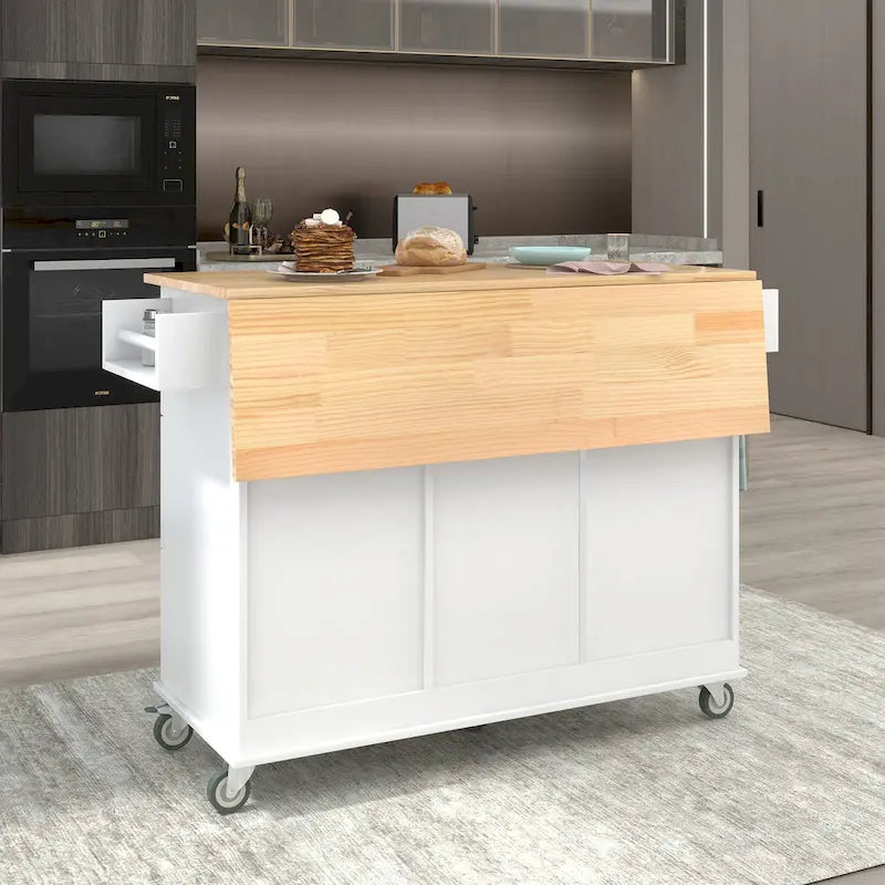 Rolling Kitchen Island with Solid Wood Top, Storage Cabinet and Locking Wheels