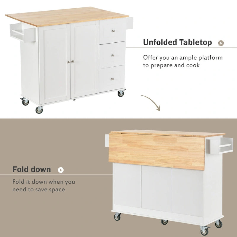 Rolling Kitchen Island with Solid Wood Top, Storage Cabinet and Locking Wheels