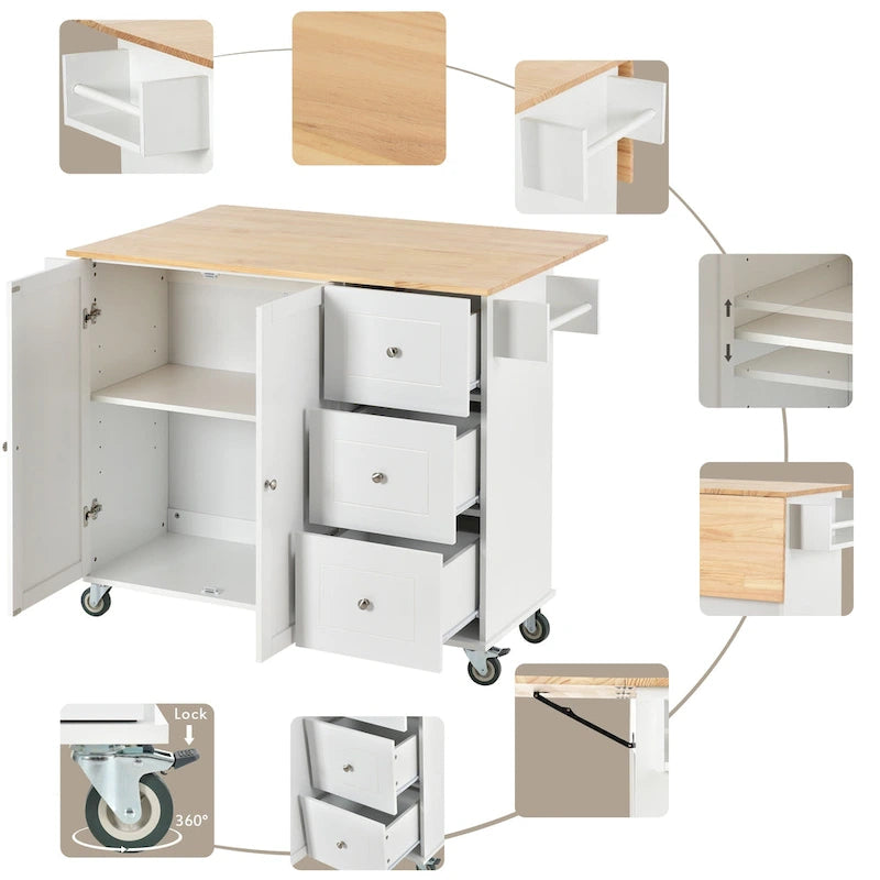 Rolling Kitchen Island with Solid Wood Top, Storage Cabinet and Locking Wheels
