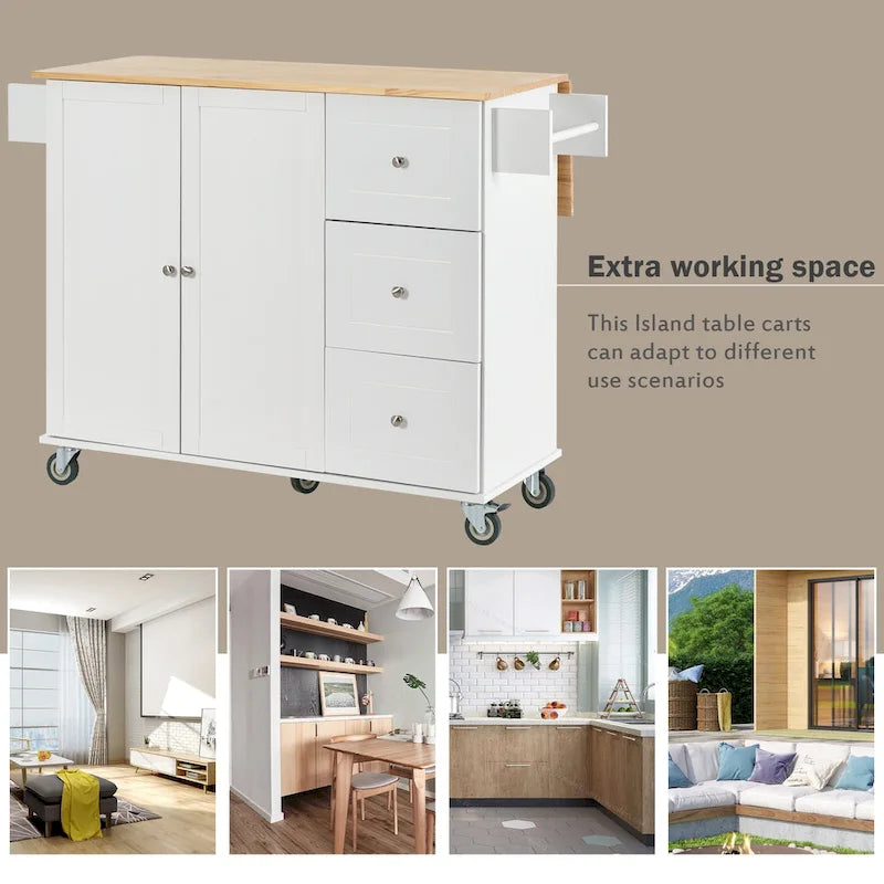 Rolling Kitchen Island with Solid Wood Top, Storage Cabinet and Locking Wheels
