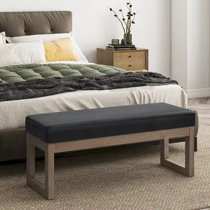 44-Inch Upholstered Faux Leather Ottoman Bench with Solid Wood Base