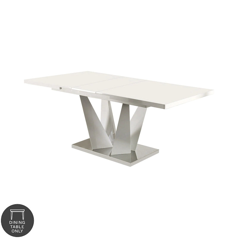 78-Inch Expandable Dining Table, White High-Gloss Top, Chrome Pedestal Base