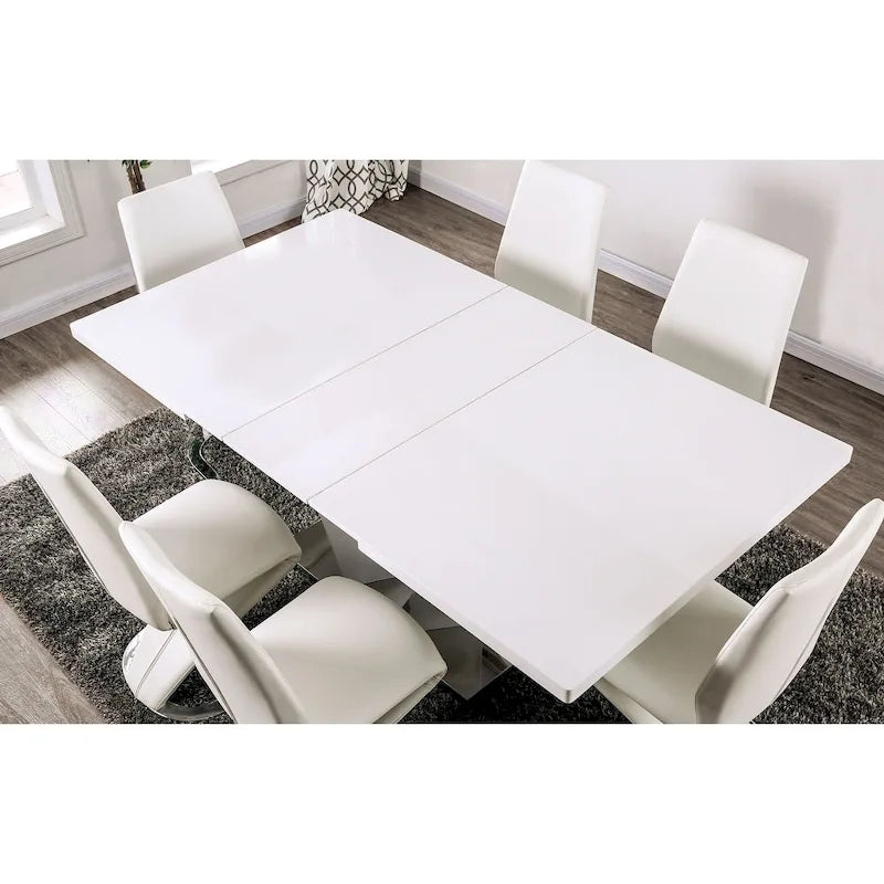 78-Inch Expandable Dining Table, White High-Gloss Top, Chrome Pedestal Base