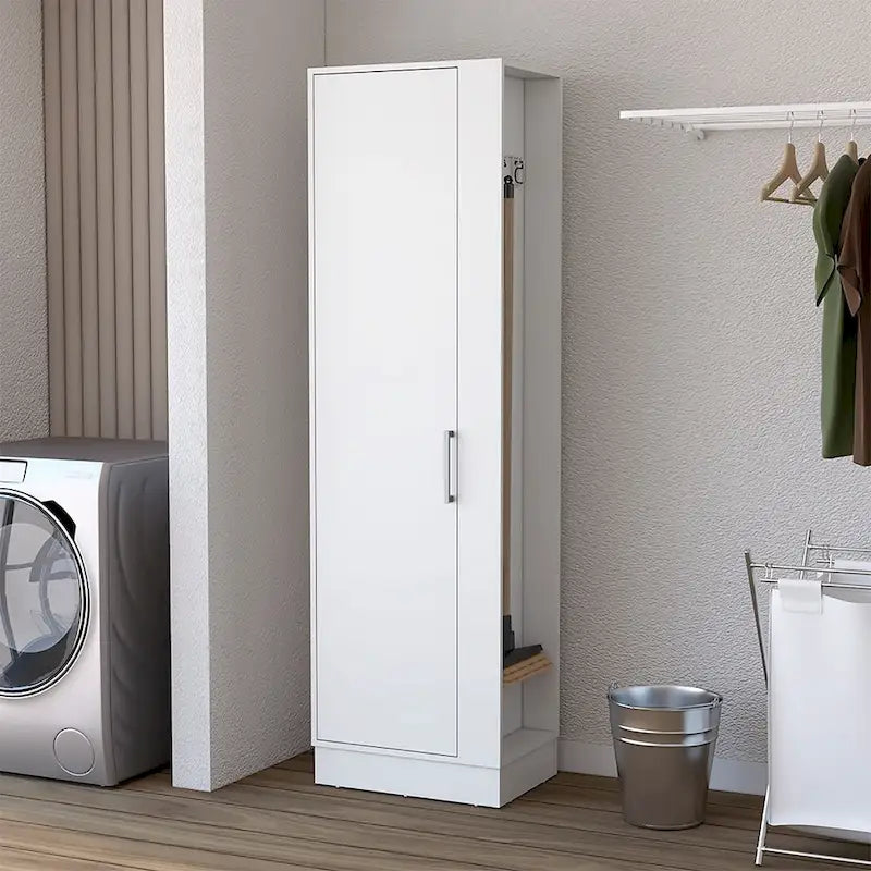 72-Inch Tall Storage Cabinet with Broom Side Space and White Finish