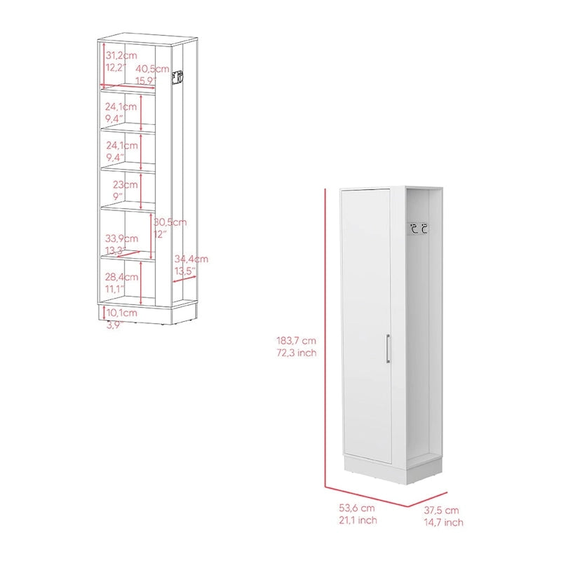 72-Inch Tall Storage Cabinet with Broom Side Space and White Finish