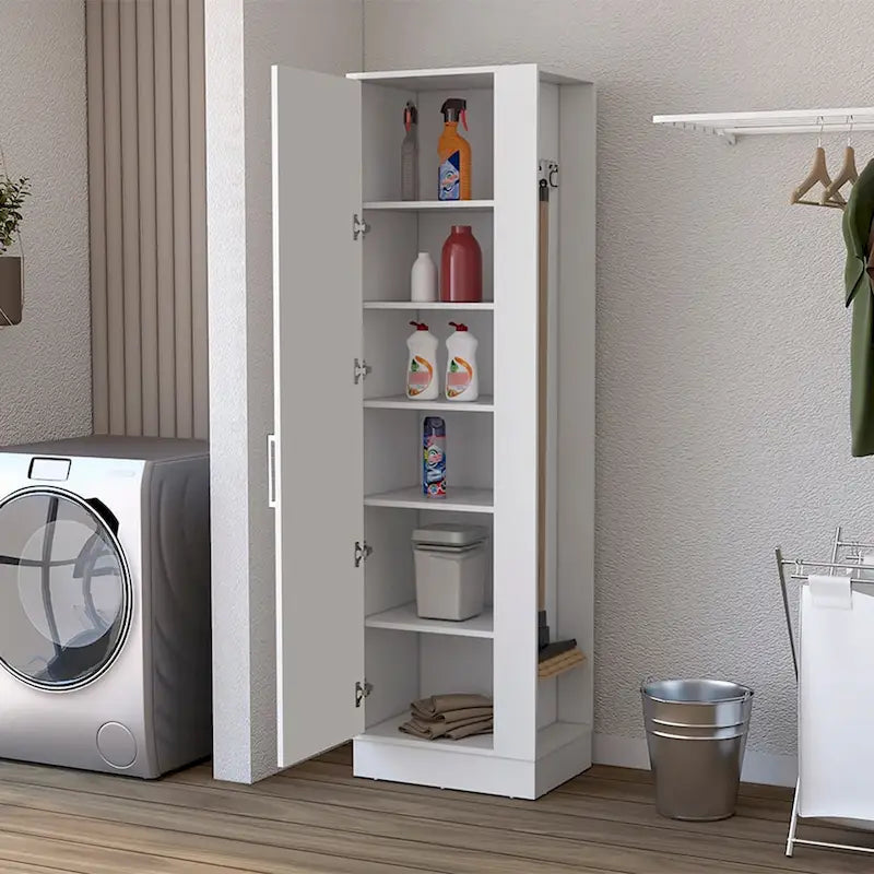 72-Inch Tall Storage Cabinet with Broom Side Space and White Finish
