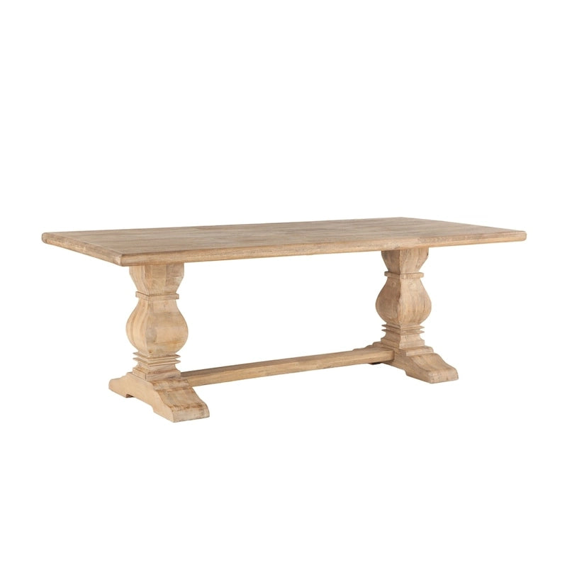 Solid Mango Wood Rectangular Dining Table with Carved Pedestals, Seats 6