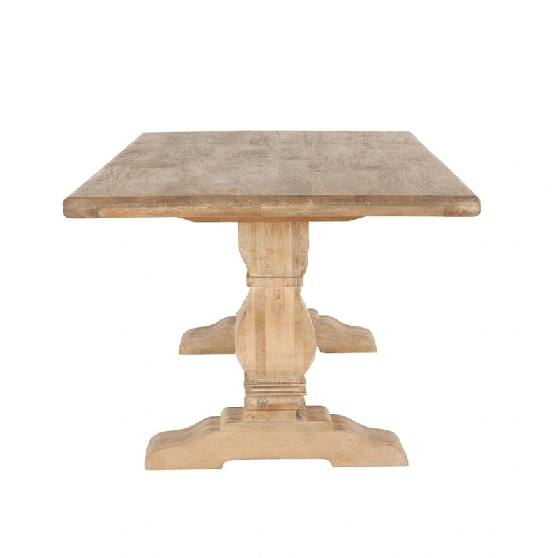 Solid Mango Wood Rectangular Dining Table with Carved Pedestals, Seats 6