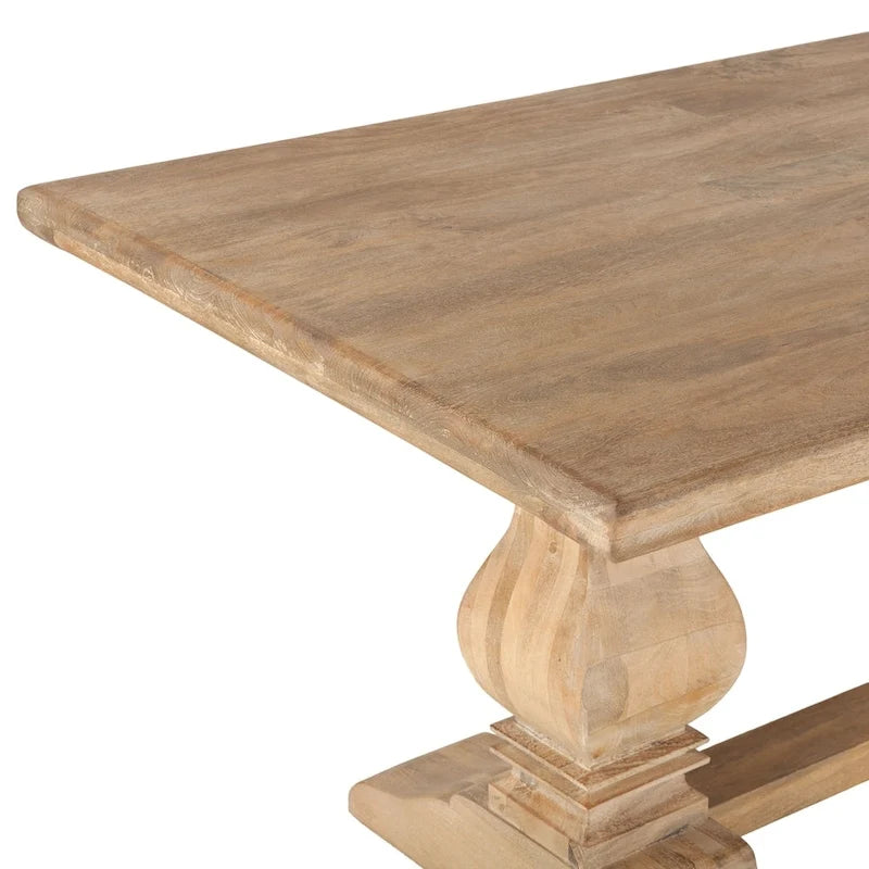 Solid Mango Wood Rectangular Dining Table with Carved Pedestals, Seats 6