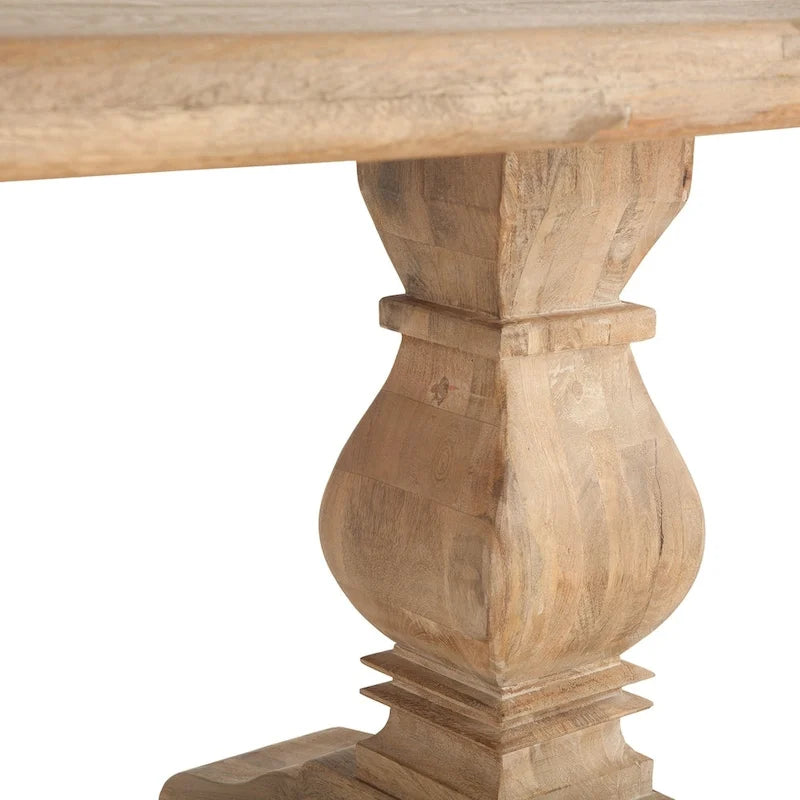 Solid Mango Wood Rectangular Dining Table with Carved Pedestals, Seats 6