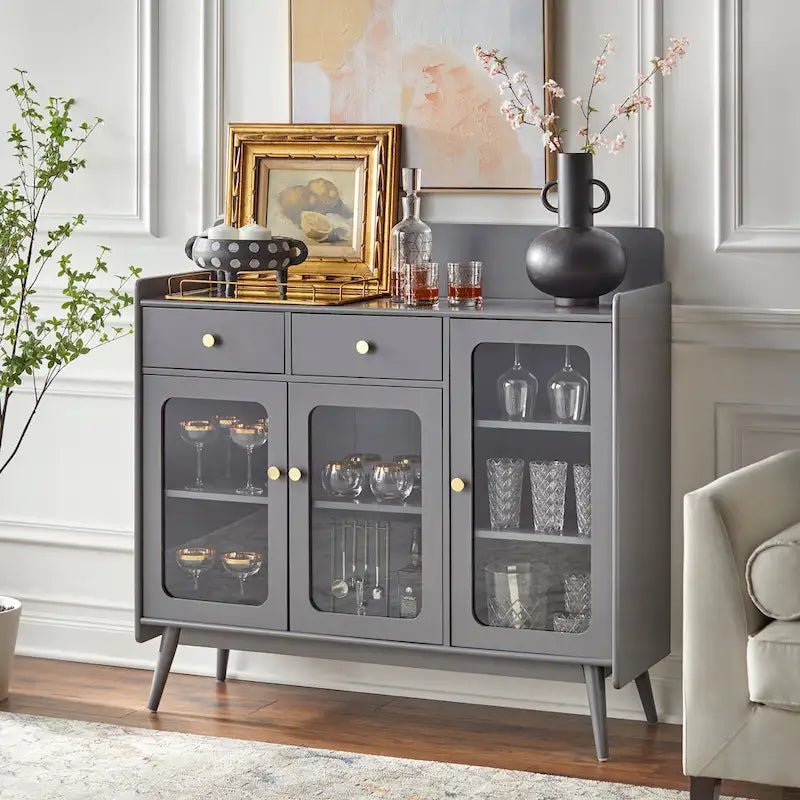 Mid-Century Sideboard with Glass Doors and Tapered Legs