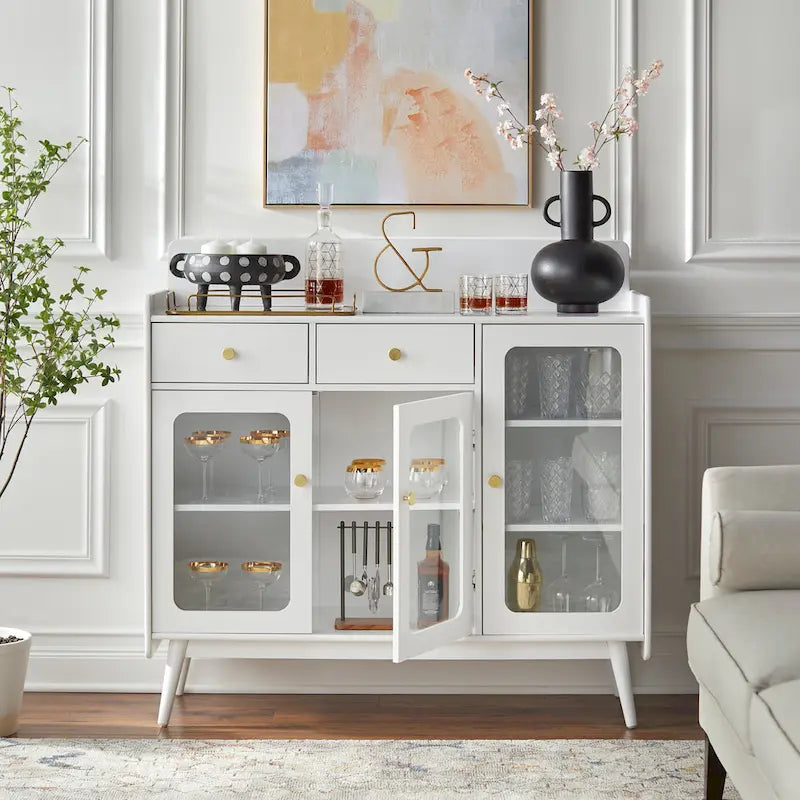 Mid-Century Sideboard with Glass Doors and Tapered Legs