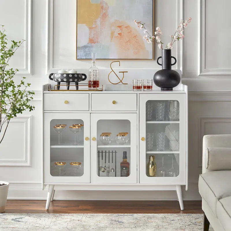 Mid-Century Sideboard with Glass Doors and Tapered Legs