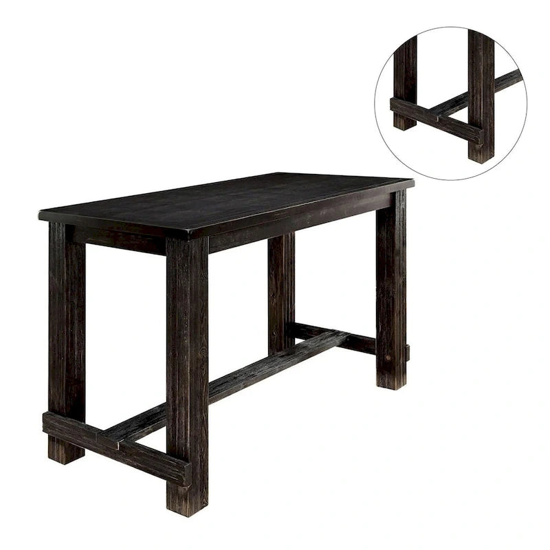Rustic Wooden Rectangular Bar Table with Antique Black Finish and Footrest