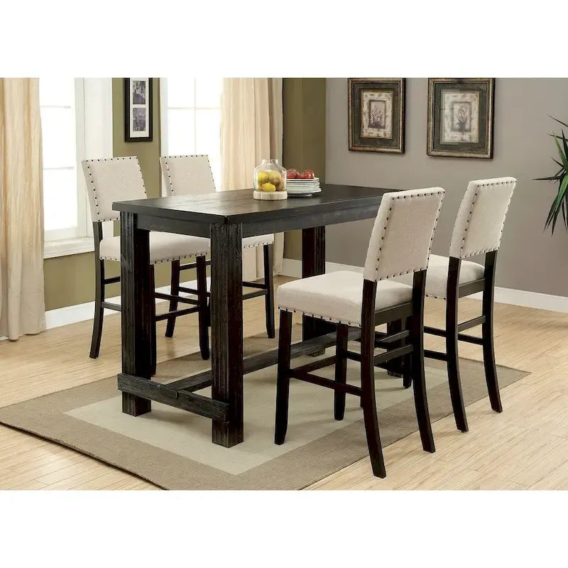 Rustic Wooden Rectangular Bar Table with Antique Black Finish and Footrest