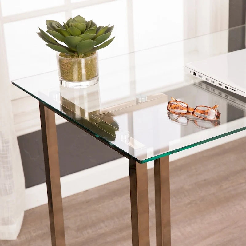 Glass Top Writing Desk with Metal Frame, Champagne Finish