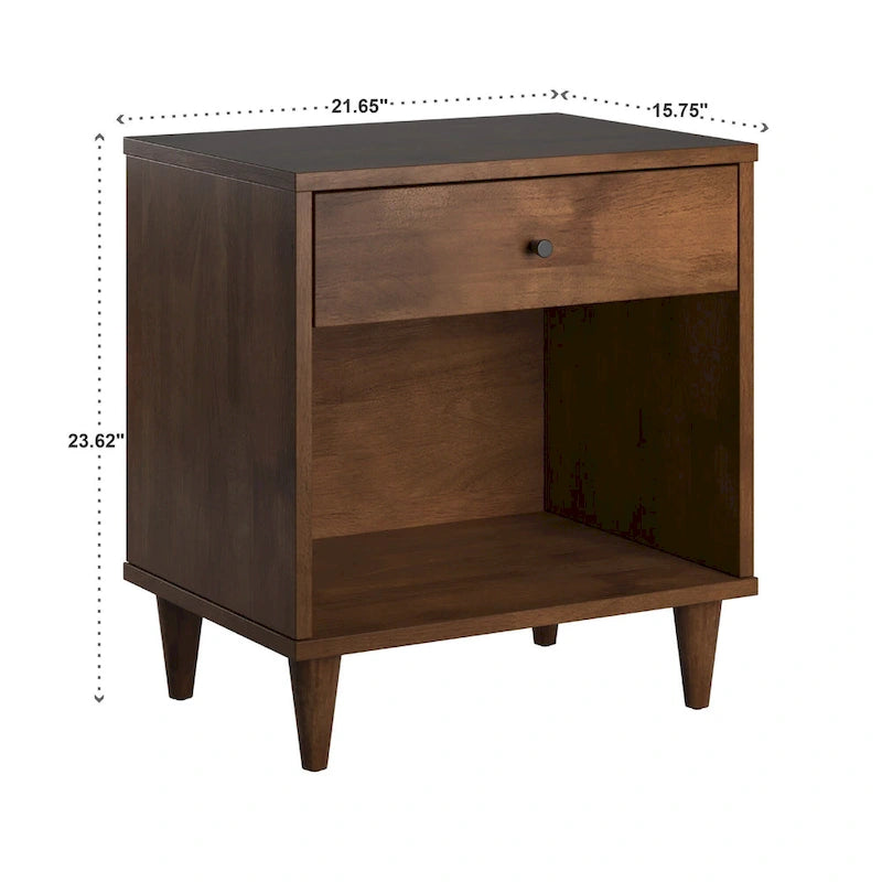 1-Drawer Solid Wood Nightstand with Open Storage Shelf, Brown Finish