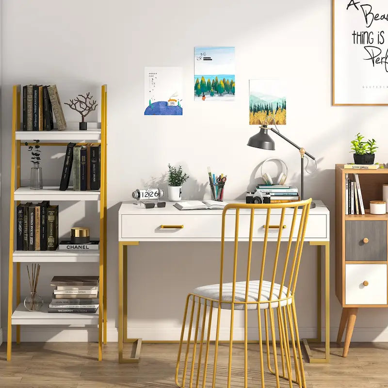 Modern Computer Desk with 2 Drawers, White Top and Gold Metal Legs