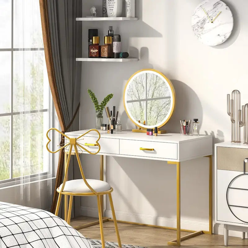 Modern Computer Desk with 2 Drawers, White Top and Gold Metal Legs