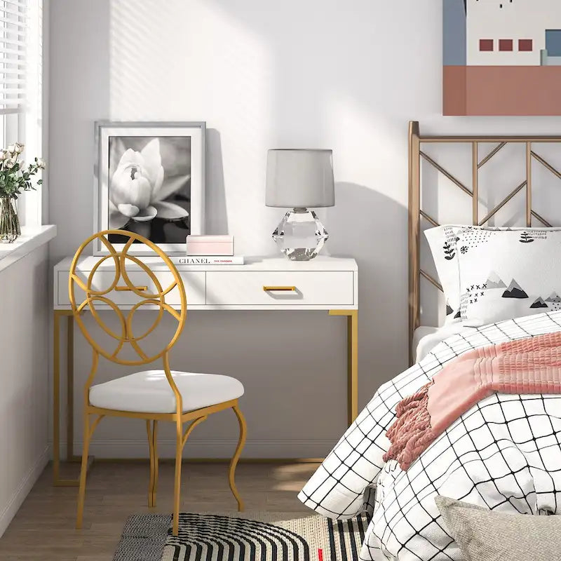 Modern Computer Desk with 2 Drawers, White Top and Gold Metal Legs