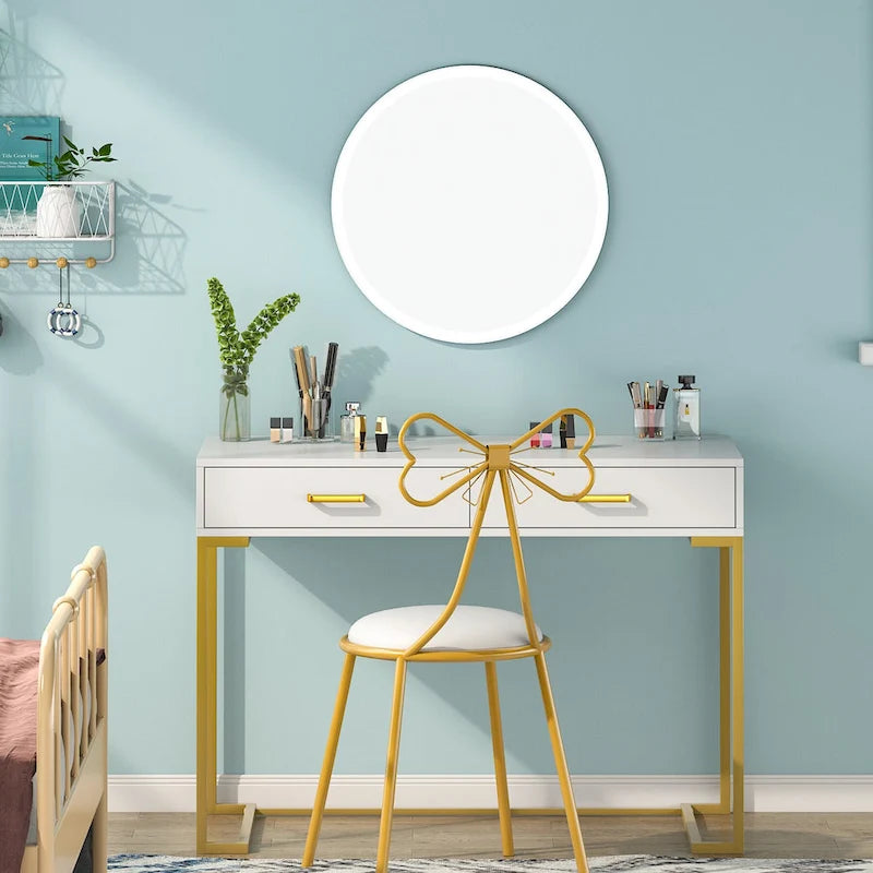 Modern Computer Desk with 2 Drawers, White Top and Gold Metal Legs