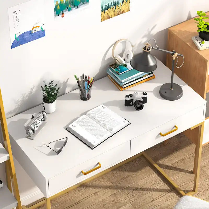 Modern Computer Desk with 2 Drawers, White Top and Gold Metal Legs