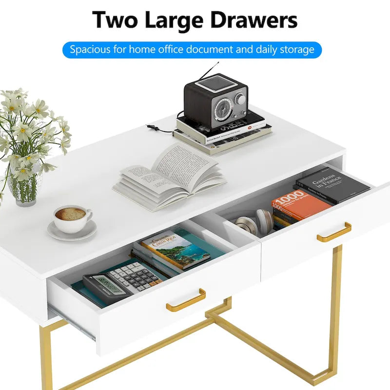 Modern Computer Desk with 2 Drawers, White Top and Gold Metal Legs
