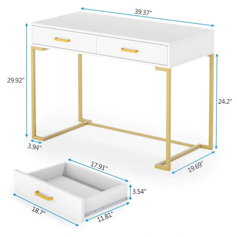 Modern Computer Desk with 2 Drawers, White Top and Gold Metal Legs
