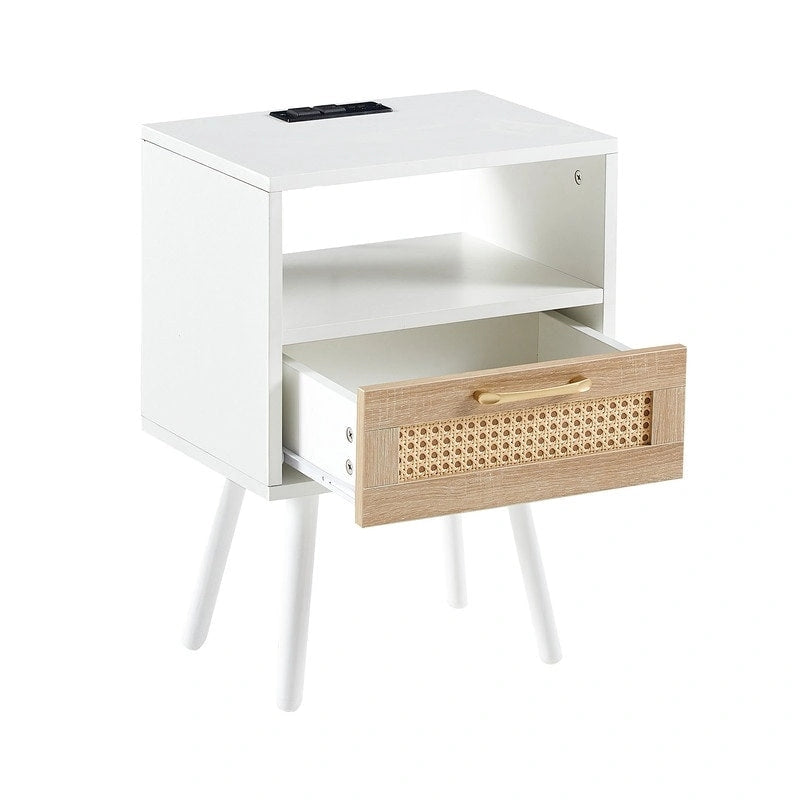Nightstand with Charging Station, Rattan Drawer and Solid Wood Legs