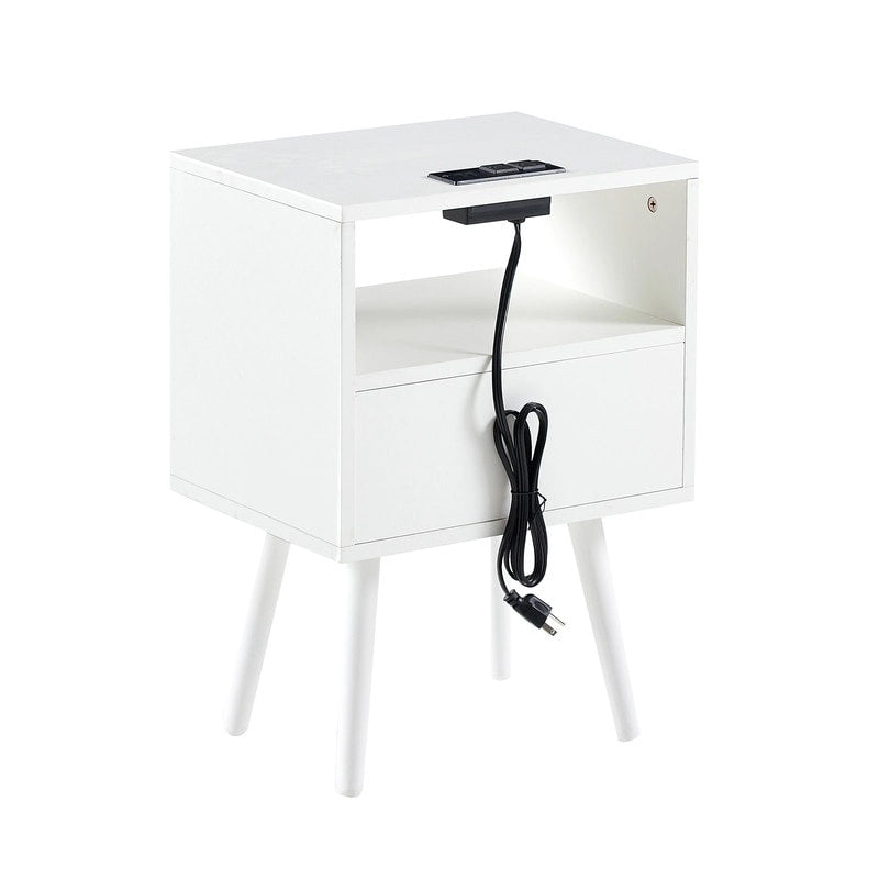 Nightstand with Charging Station, Rattan Drawer and Solid Wood Legs
