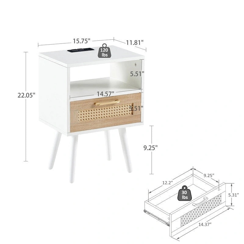 Nightstand with Charging Station, Rattan Drawer and Solid Wood Legs
