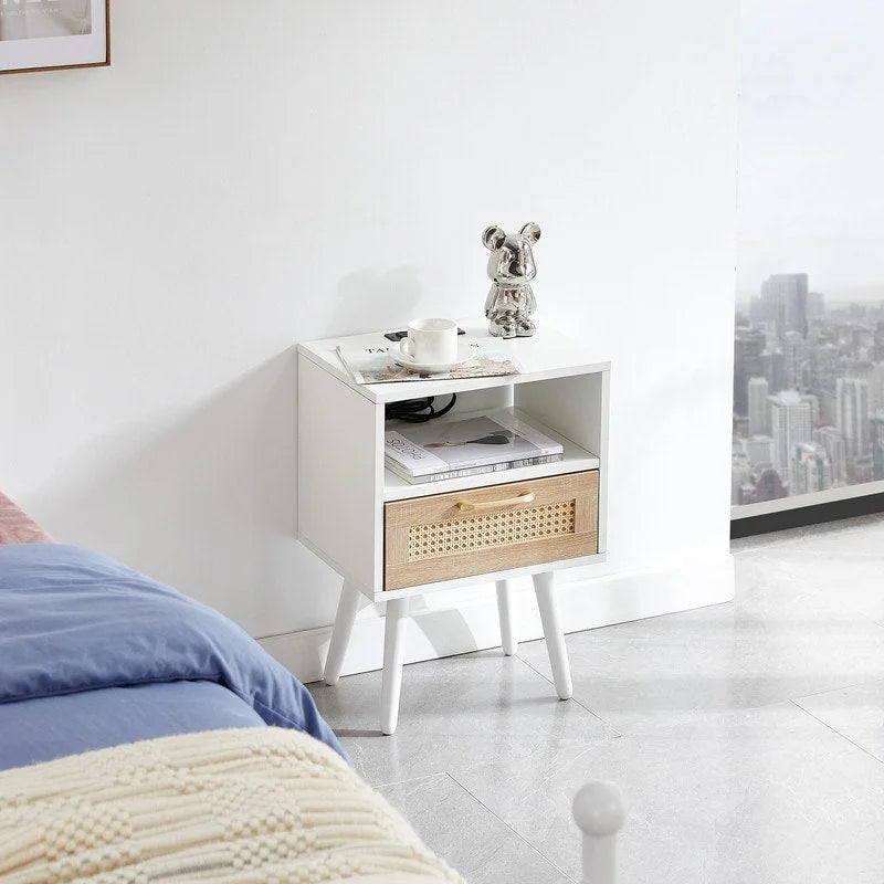 Nightstand with Charging Station, Rattan Drawer and Solid Wood Legs