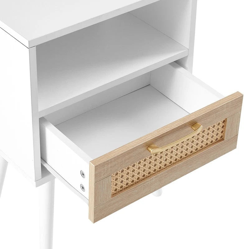 Nightstand with Charging Station, Rattan Drawer and Solid Wood Legs