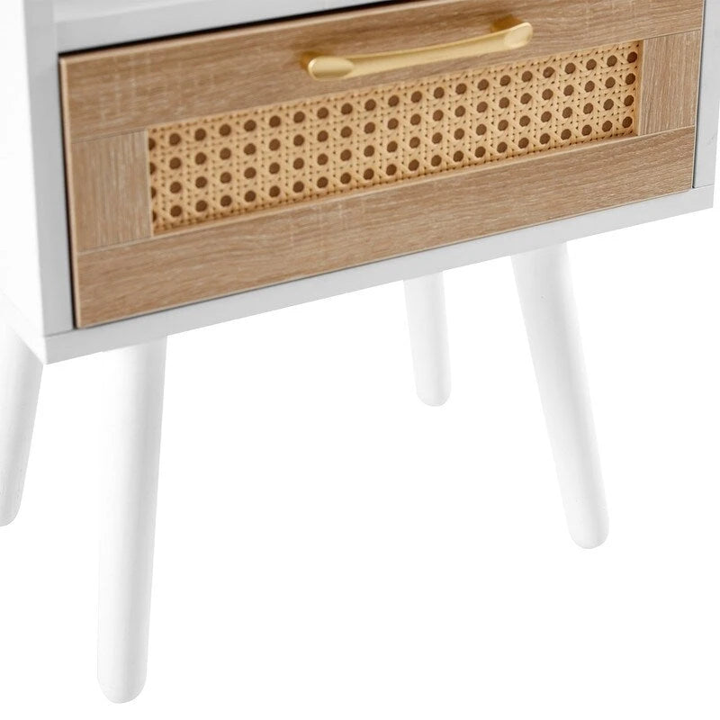 Nightstand with Charging Station, Rattan Drawer and Solid Wood Legs