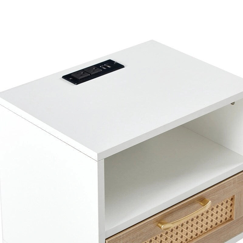Nightstand with Charging Station, Rattan Drawer and Solid Wood Legs