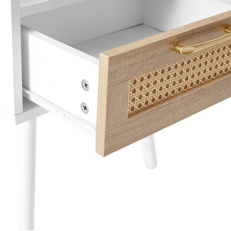 Nightstand with Charging Station, Rattan Drawer and Solid Wood Legs
