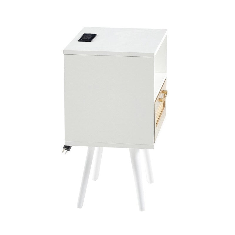 Nightstand with Charging Station, Rattan Drawer and Solid Wood Legs