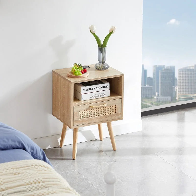 Nightstand with Charging Station, Rattan Drawer and Solid Wood Legs
