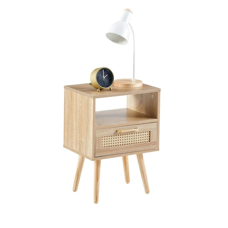 Nightstand with Charging Station, Rattan Drawer and Solid Wood Legs