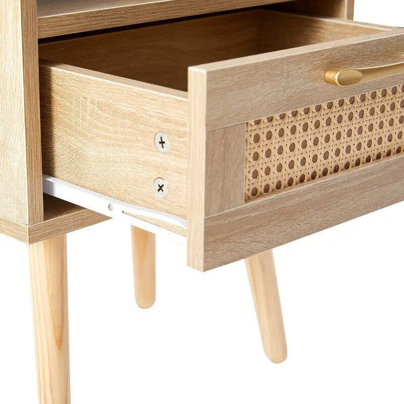 Nightstand with Charging Station, Rattan Drawer and Solid Wood Legs