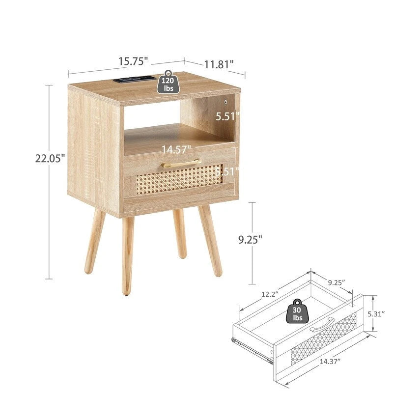Nightstand with Charging Station, Rattan Drawer and Solid Wood Legs