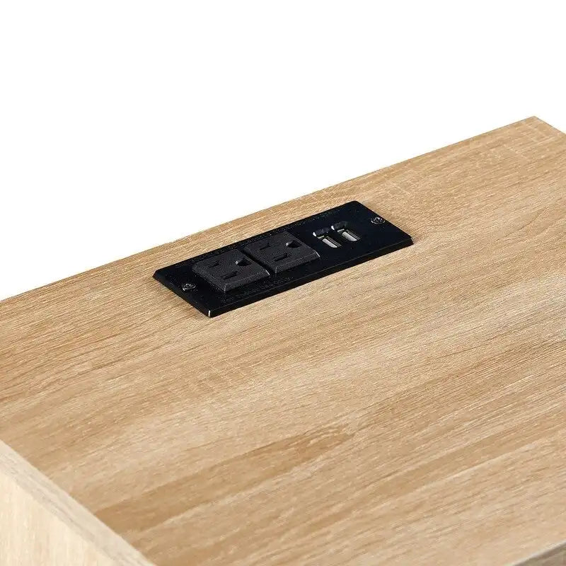 Nightstand with Charging Station, Rattan Drawer and Solid Wood Legs