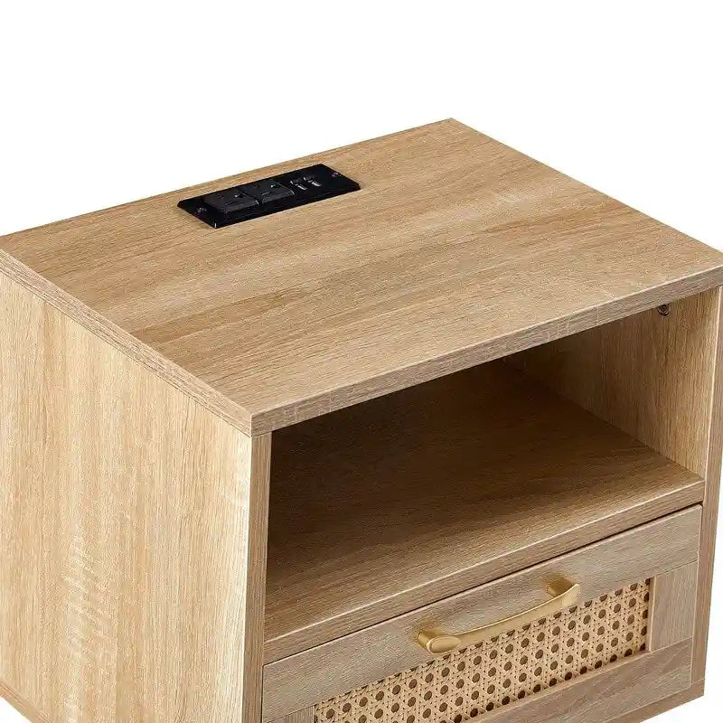 Nightstand with Charging Station, Rattan Drawer and Solid Wood Legs