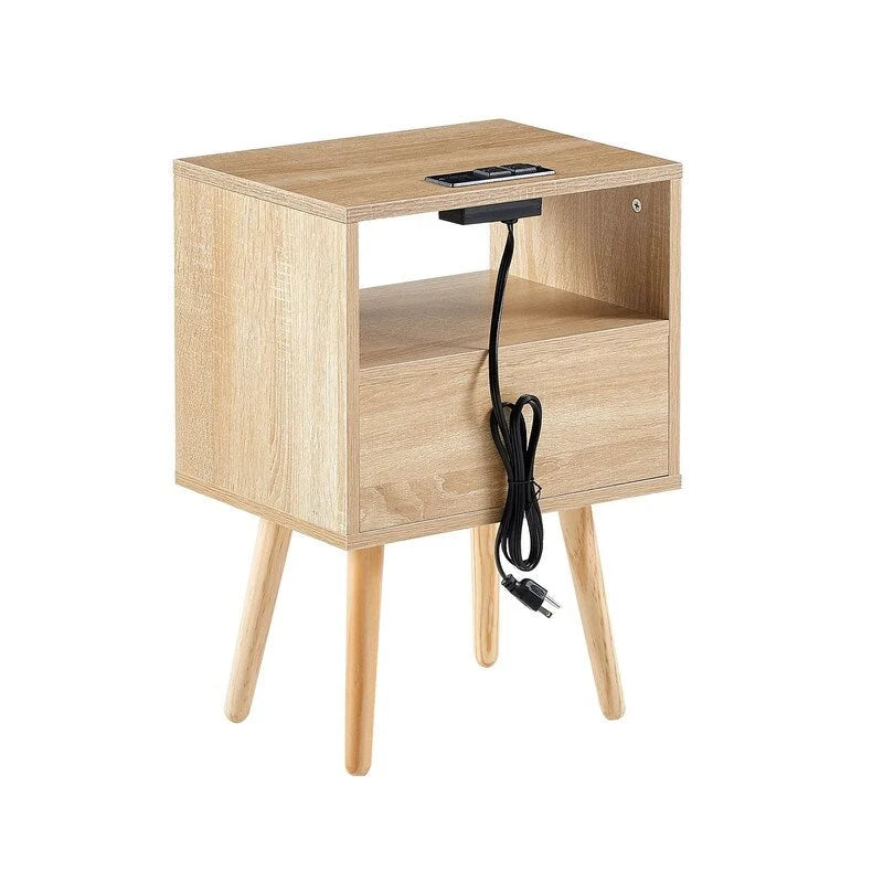 Nightstand with Charging Station, Rattan Drawer and Solid Wood Legs