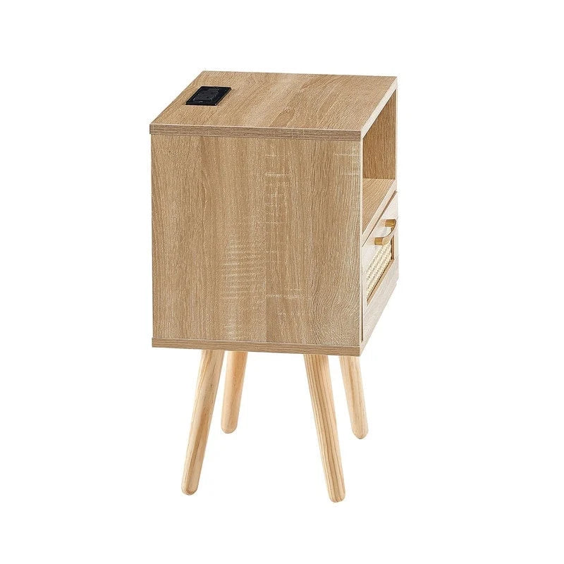 Nightstand with Charging Station, Rattan Drawer and Solid Wood Legs