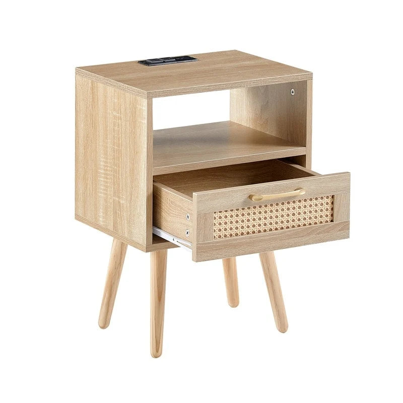Nightstand with Charging Station, Rattan Drawer and Solid Wood Legs